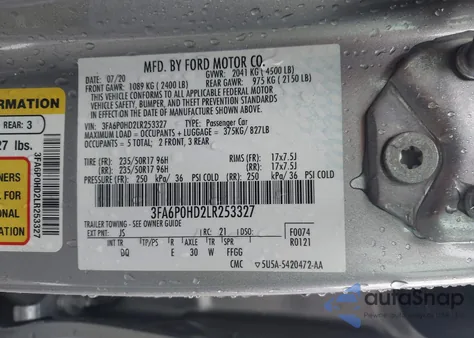 2020 Ford Fusion Se z USA, uszkodzony, nr VIN 3FA6P0HD2LR253327